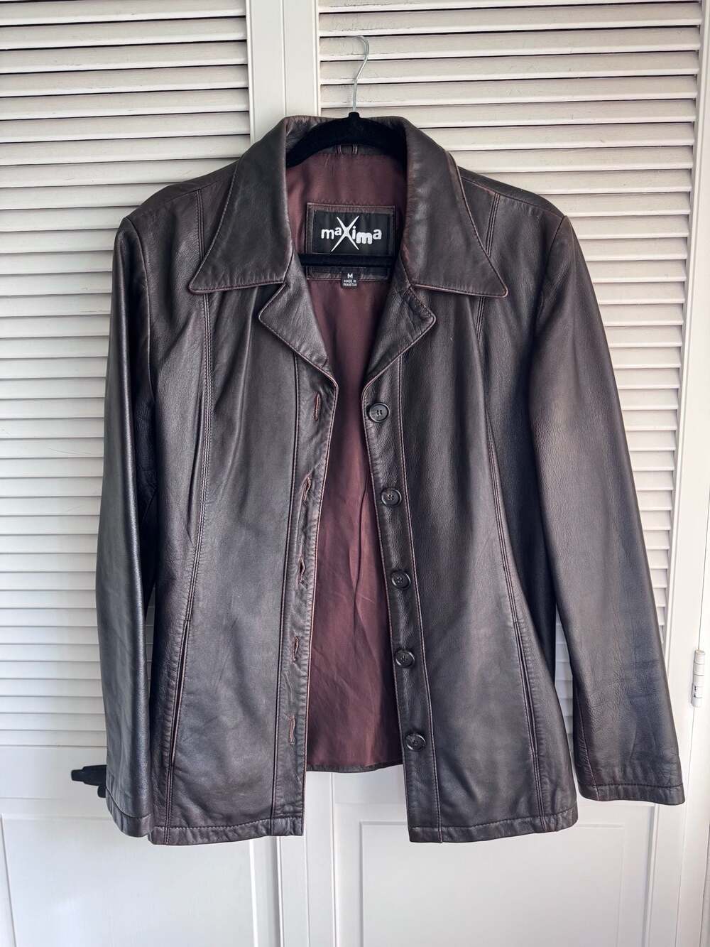 Maxima Vintage Brown 100% Leather Button Down Blazer Jacket Size M